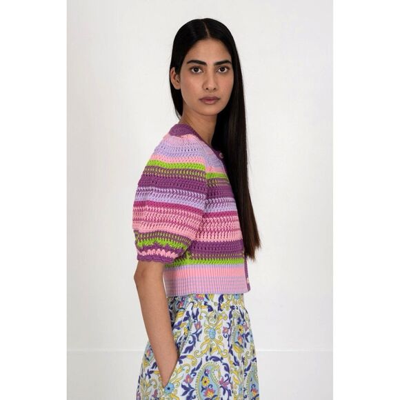 Banjanan Celeste Multi Weave Crochet Short Sleeve Cardigan Sweater - Picture 2 of 9